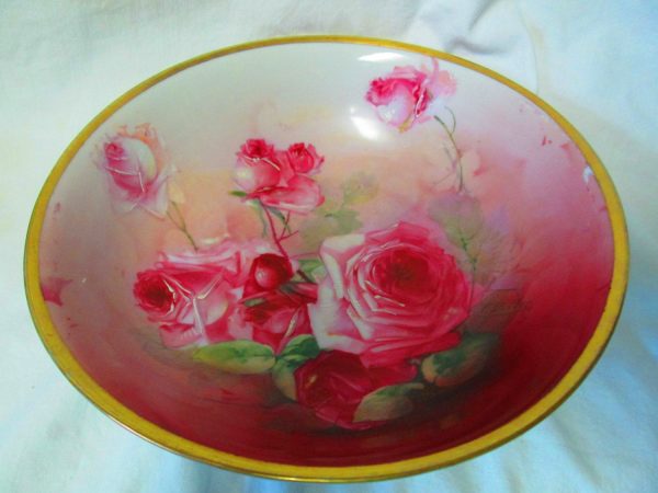 Turn of the Century Austria Beautiful Large Rose Hand Painted Serving Center Bowl Fantastic Pattern and Colors Large Cottage Shabby Chic