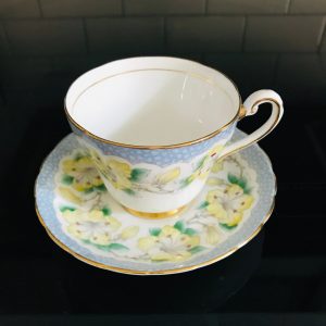 Tuscan tea cup and saucer England Fine bone china yellow and blue floral gold trim farmhouse collectible display dining