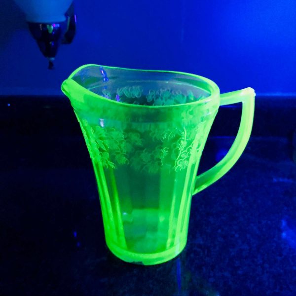 Uranium Glass Cherry Blossom pattern water pitcher green glass farmhouse collectible display kitchen dining serving glowing glass