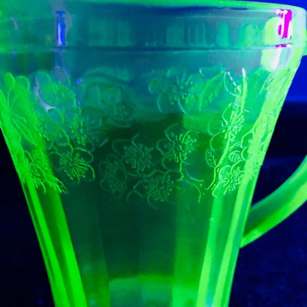 Uranium Glass Cherry Blossom pattern water pitcher green glass farmhouse collectible display kitchen dining serving glowing glass