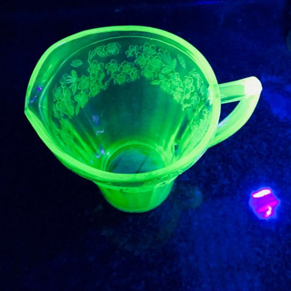 Uranium Glass Cherry Blossom pattern water pitcher green glass farmhouse collectible display kitchen dining serving glowing glass