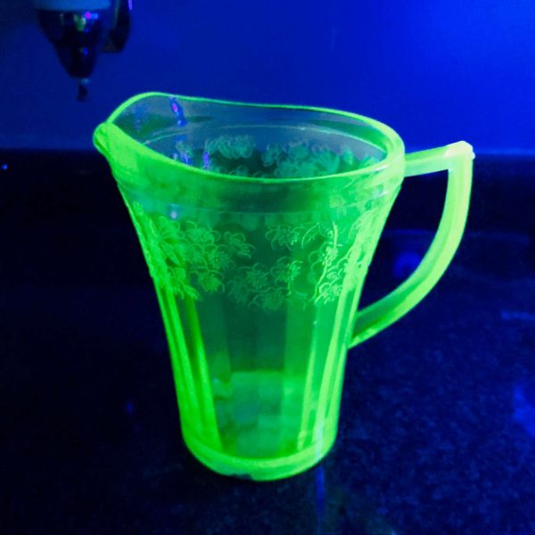 Uranium Glass Cherry Blossom pattern water pitcher green glass farmhouse collectible display kitchen dining serving glowing glass