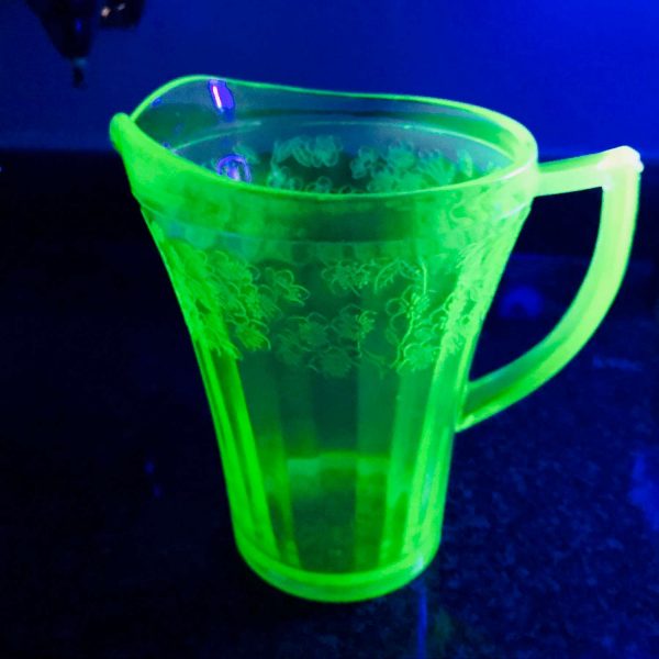 Uranium Glass Cherry Blossom pattern water pitcher green glass farmhouse collectible display kitchen dining serving glowing glass