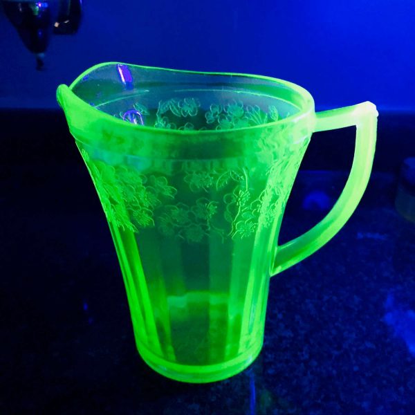 Uranium Glass Cherry Blossom pattern water pitcher green glass farmhouse collectible display kitchen dining serving glowing glass