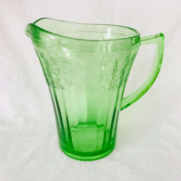 Uranium Glass Cherry Blossom pattern water pitcher green glass farmhouse collectible display kitchen dining serving glowing glass