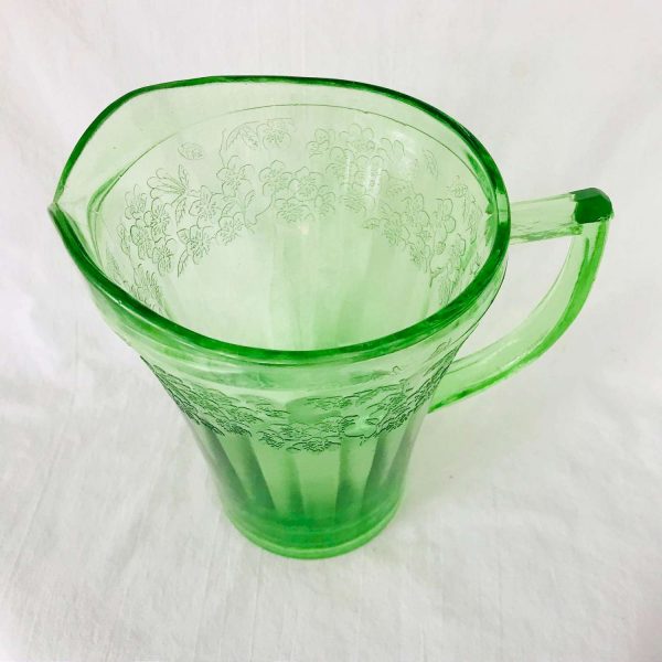 Uranium Glass Cherry Blossom pattern water pitcher green glass farmhouse collectible display kitchen dining serving glowing glass