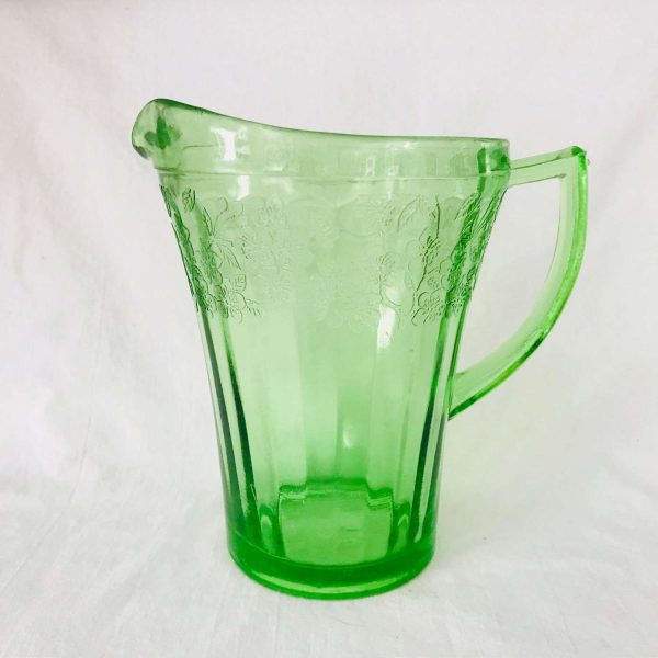 Uranium Glass Cherry Blossom pattern water pitcher green glass farmhouse collectible display kitchen dining serving glowing glass