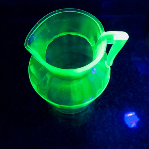 Uranium Glass Paneled sleek pattern water pitcher green glass farmhouse collectible display kitchen dining serving glowing glass