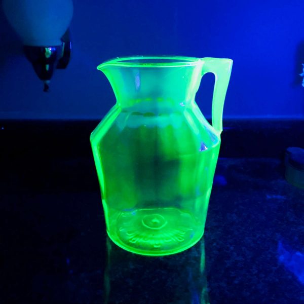 Uranium Glass Paneled sleek pattern water pitcher green glass farmhouse collectible display kitchen dining serving glowing glass