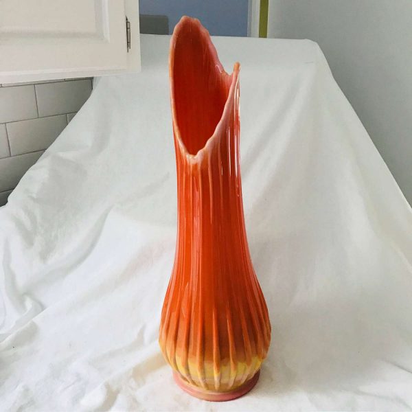 Vase Mid Century Modern Bittersweet LE Smith Slag Glass Swung Footed Orange yellow ribbed 20.5" tall Atomic Retro sleek collectible display