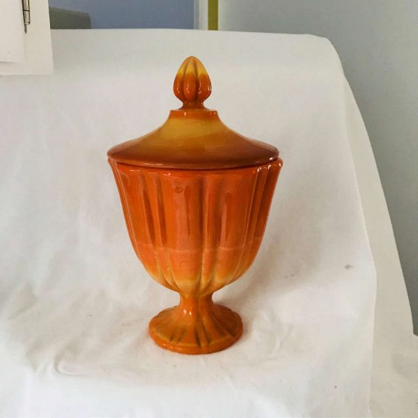 Viking Fayette Flame orange Swung Slag Covered compote pedestal candy dish bowl collectible display home decor large size 11 1/2" tall