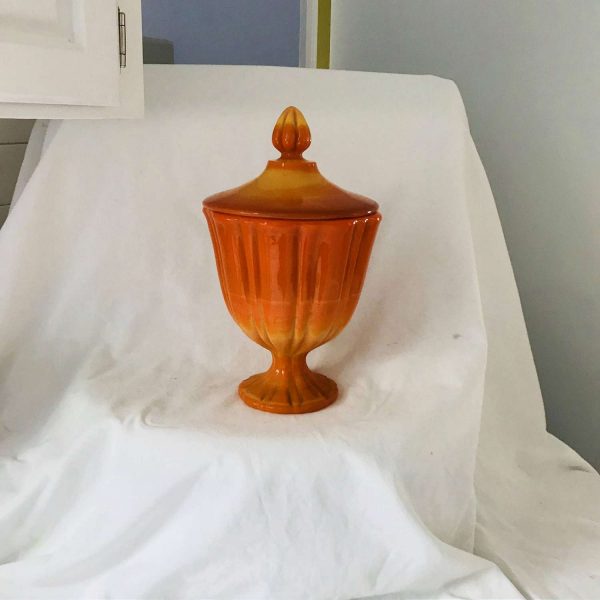 Viking Fayette Flame orange Swung Slag Covered compote pedestal candy dish bowl collectible display home decor large size 11 1/2" tall