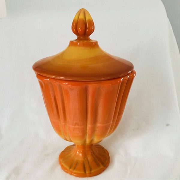 Viking Fayette Flame orange Swung Slag Covered compote pedestal candy dish bowl collectible display home decor large size 11 1/2" tall