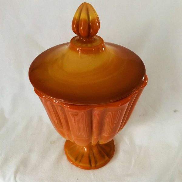 Viking Fayette Flame orange Swung Slag Covered compote pedestal candy dish bowl collectible display home decor large size 11 1/2" tall