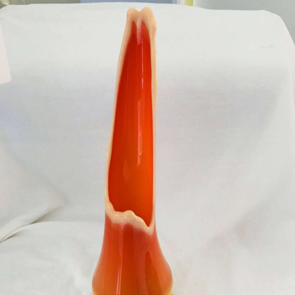 Viking Fayette Vase Mid Century Modern Slag Glass Swung Footed Flame Orange & yellow ribbed 13" tall sleek mod atomic display collectible