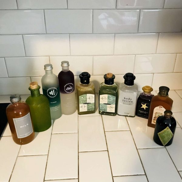 Vintage 10 Vanity Jars Apothercary glass bottles display lotions oils soaps shampoos bubble bath etc. collectible bathroom vanity display
