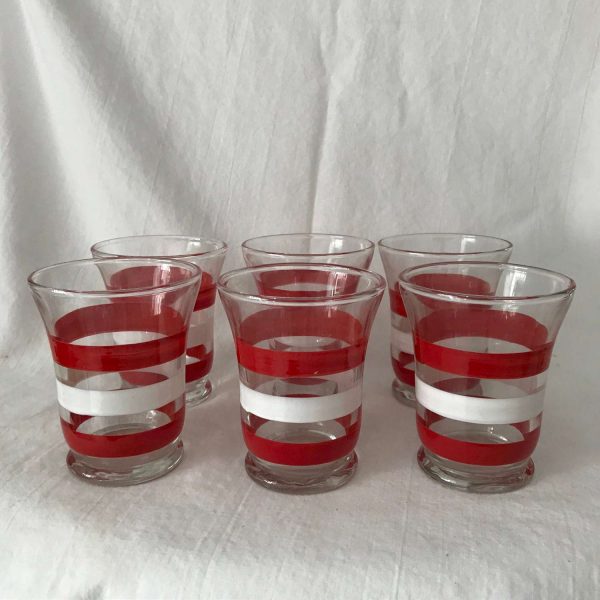 Vintage 1930's juice pedestal 6 glasses red & white striped 4 oz. retro farmhouse collectible display kitchen  morning orange juice glasses