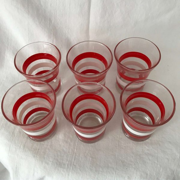 Vintage 1930's juice pedestal 6 glasses red & white striped 4 oz. retro farmhouse collectible display kitchen  morning orange juice glasses