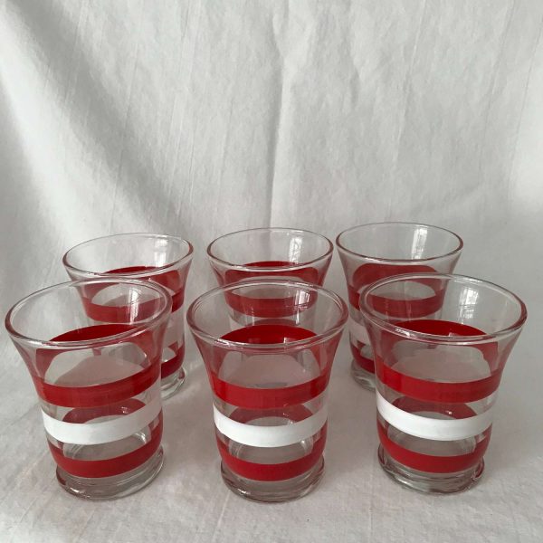 Vintage 1930's juice pedestal 6 glasses red & white striped 4 oz. retro farmhouse collectible display kitchen  morning orange juice glasses