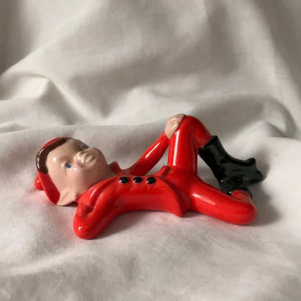 Vintage 1950's Christmas Elf Figurine porcelain great coloring resting Christmas Holiday Elf Black boots with red pointed hat