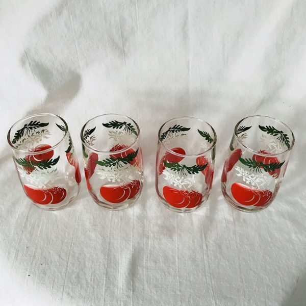 Vintage 1950's set of 4 glass juice glasses 6 oz farmhouse collectible display kitchen serving tomato pattern red white green