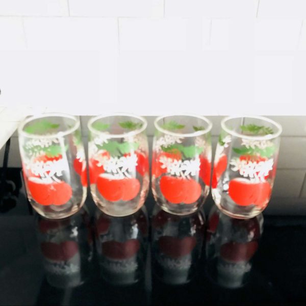 Vintage 1950's set of 4 glass juice glasses 6 oz farmhouse collectible display kitchen serving tomato pattern red white green