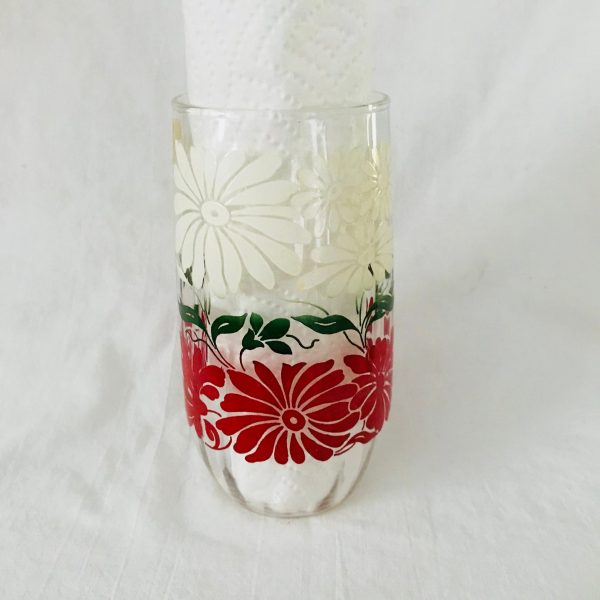 Vintage 1950's Single flower water glass farmhouse collectible display kitchen serving 6" tall 2 5/8" across the top 14 oz red green white