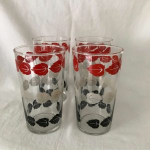 Vintage 1950's tumblers 4 Mid Century leaves red white and black water glasses retro kitchen mod collectible display farmhouse