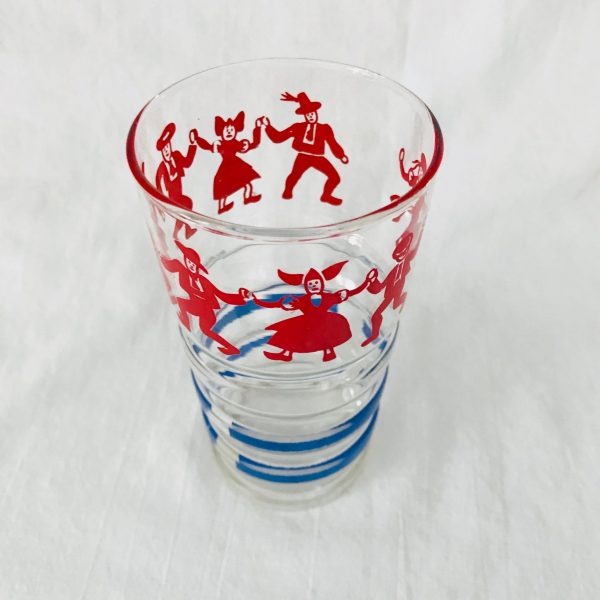 Vintage 1960's Single water glass farmhouse collectible display kitchen serving 4 3/4" tall 2 5/8" across the top 8 oz Dutch Dancer red blue