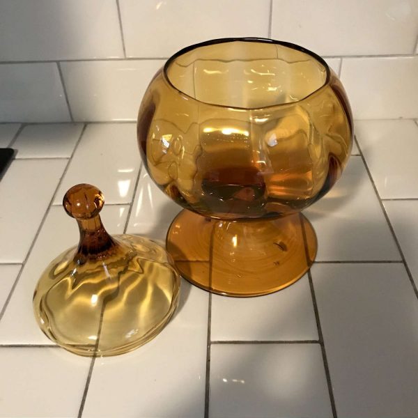 Vintage Apothecary Jar Amber Glass Mid Century retro modern paneled glass pedestal base bubble top handle modern retro atomic decor
