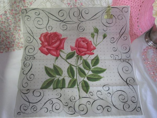 Vintage art deco rose with scrolls hankie handkerchief Spain Comacros brand