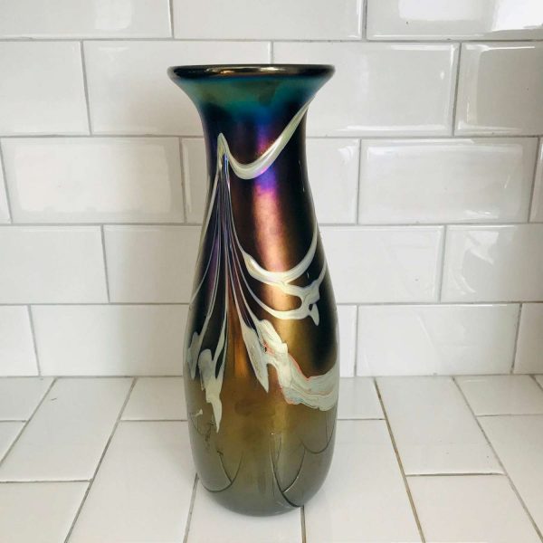 Vintage Art glass Tall Vase Herb A. Thomas signed HAT blown glass iridescent purple blue green with white design