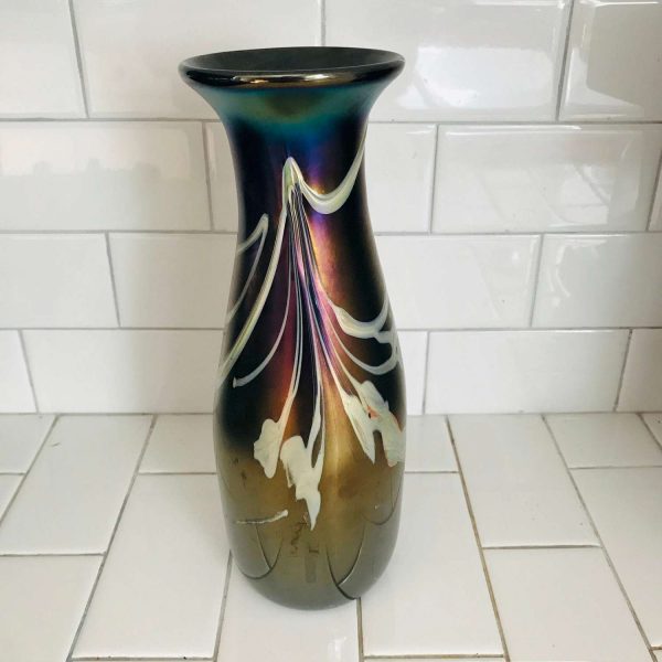 Vintage Art glass Tall Vase Herb A. Thomas signed HAT blown glass iridescent purple blue green with white design