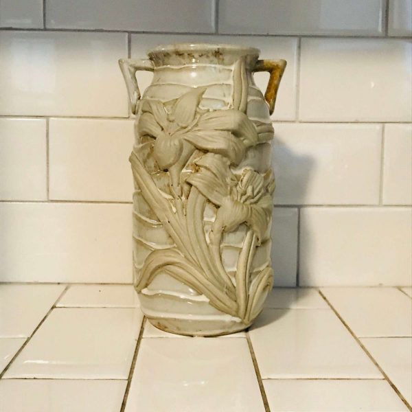 Vintage Artist made tall pottery vase jar with raised flowers double handle ornate trim beige and rust collectible display farmhouse rustic