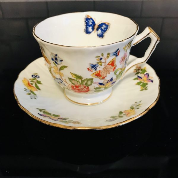 Vintage Aynsley Tea Cup and Saucer Butterfly Garden Fine porcelain England Collectible Display Farmhouse Cottage