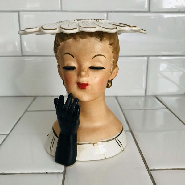 Vintage Beautiful Face Headvase 1956 Head vase Napco Japan Elegant woman and hat raised eyelashes collectible display farmhouse cottage