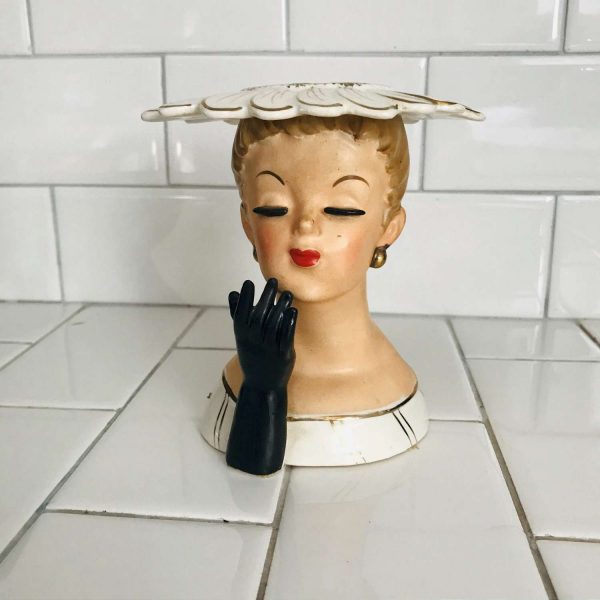 Vintage Beautiful Face Headvase 1956 Head vase Napco Japan Elegant woman and hat raised eyelashes collectible display farmhouse cottage