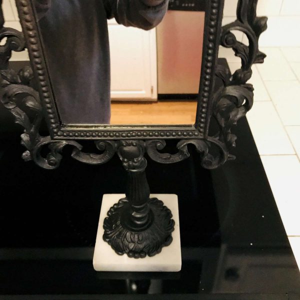 Vintage Black Iron Framed Mirror with White Marble BaseDresser Vanity Farmhouse Collectible display Jewelry