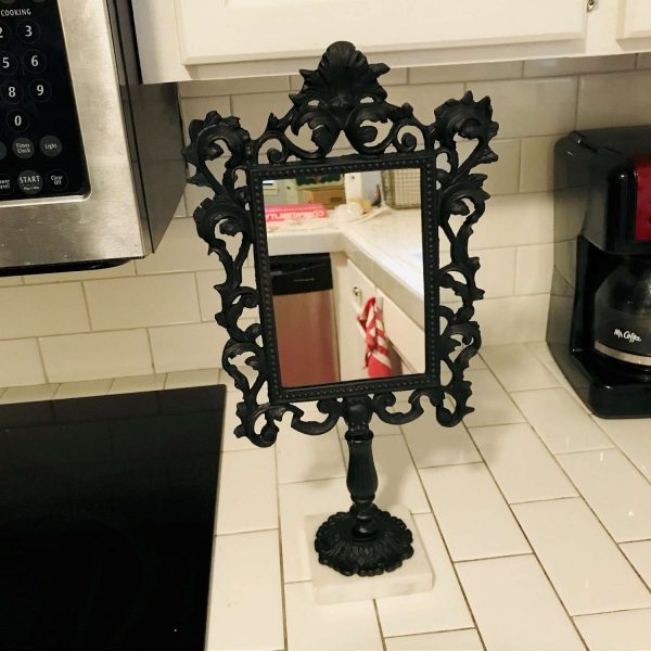 Vintage Black Iron Framed Mirror with White Marble BaseDresser Vanity Farmhouse Collectible display Jewelry
