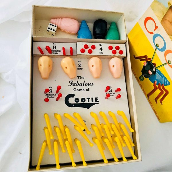 Vintage Build a Cootie Bug Cootie Game 1949 Complete Game with nice box collectible display retro Scharper USA with instructions