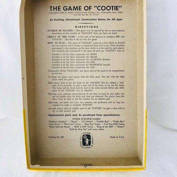 Vintage Build a Cootie Bug Cootie Game 1949 Complete Game with nice box collectible display retro Scharper USA with instructions