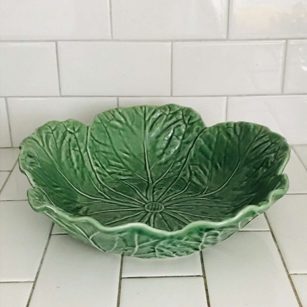 Vintage Cabbage Bowl Salad Bowl Green leaf pattern pottery made in Portugal mid century retro kitchen collectible farmhouse cottage