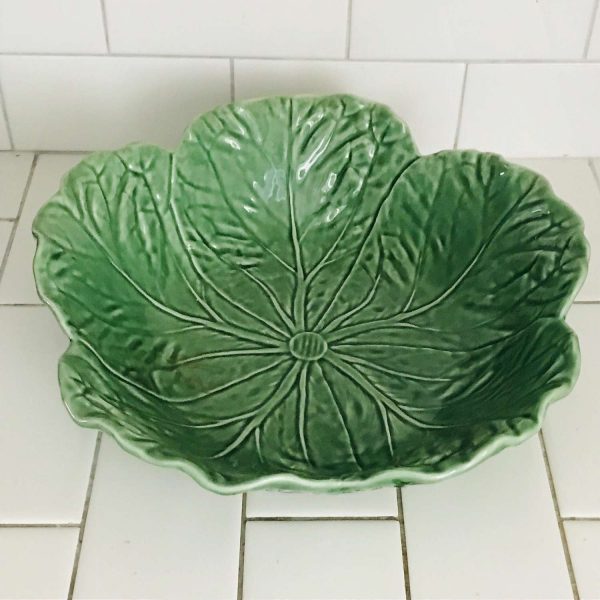 Vintage Cabbage Bowl Salad Bowl Green leaf pattern pottery made in Portugal mid century retro kitchen collectible farmhouse cottage