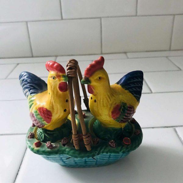 Vintage Chicken and Rooster in aqua basket with flower edges Salt & Pepper Shakers farmhouse lodge cabin collectible display retro kitchen