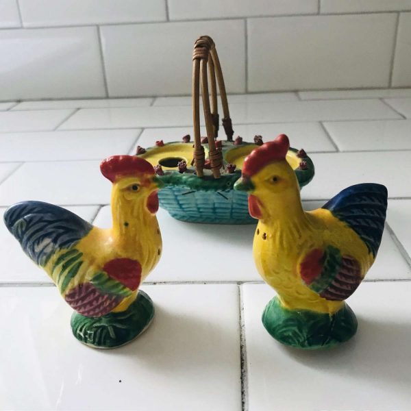 Vintage Chicken and Rooster in aqua basket with flower edges Salt & Pepper Shakers farmhouse lodge cabin collectible display retro kitchen