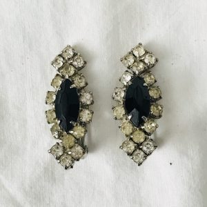 Vintage Clip Earrings Black Rhinestones plated backs 1940's collectible wedding special event clubbing fine costume jewelry