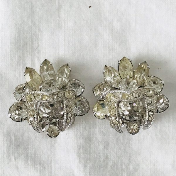 Vintage Clip Earrings Rhinestone Eisenberg signed rhodium plated 1940's collectible wedding special event clubbing bling