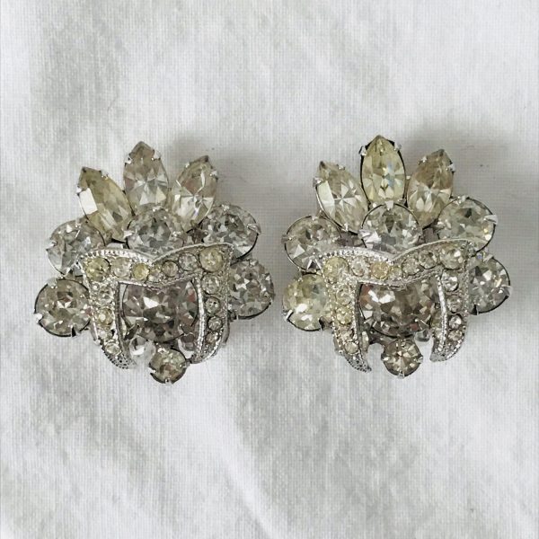Vintage Clip Earrings Rhinestone Eisenberg signed rhodium plated 1940's collectible wedding special event clubbing bling
