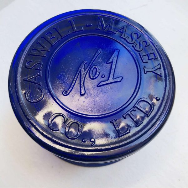 Vintage cobalt blue glass lidded powder jar Caswell-Massey Elixir of Love No. 1 collectible farmhouse trinkets vanity display 1995