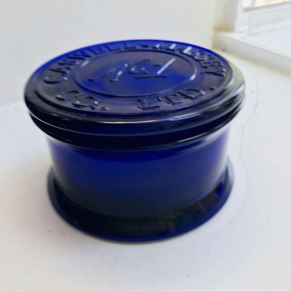 Vintage cobalt blue glass lidded powder jar Caswell-Massey Elixir of Love No. 1 collectible farmhouse trinkets vanity display 1995